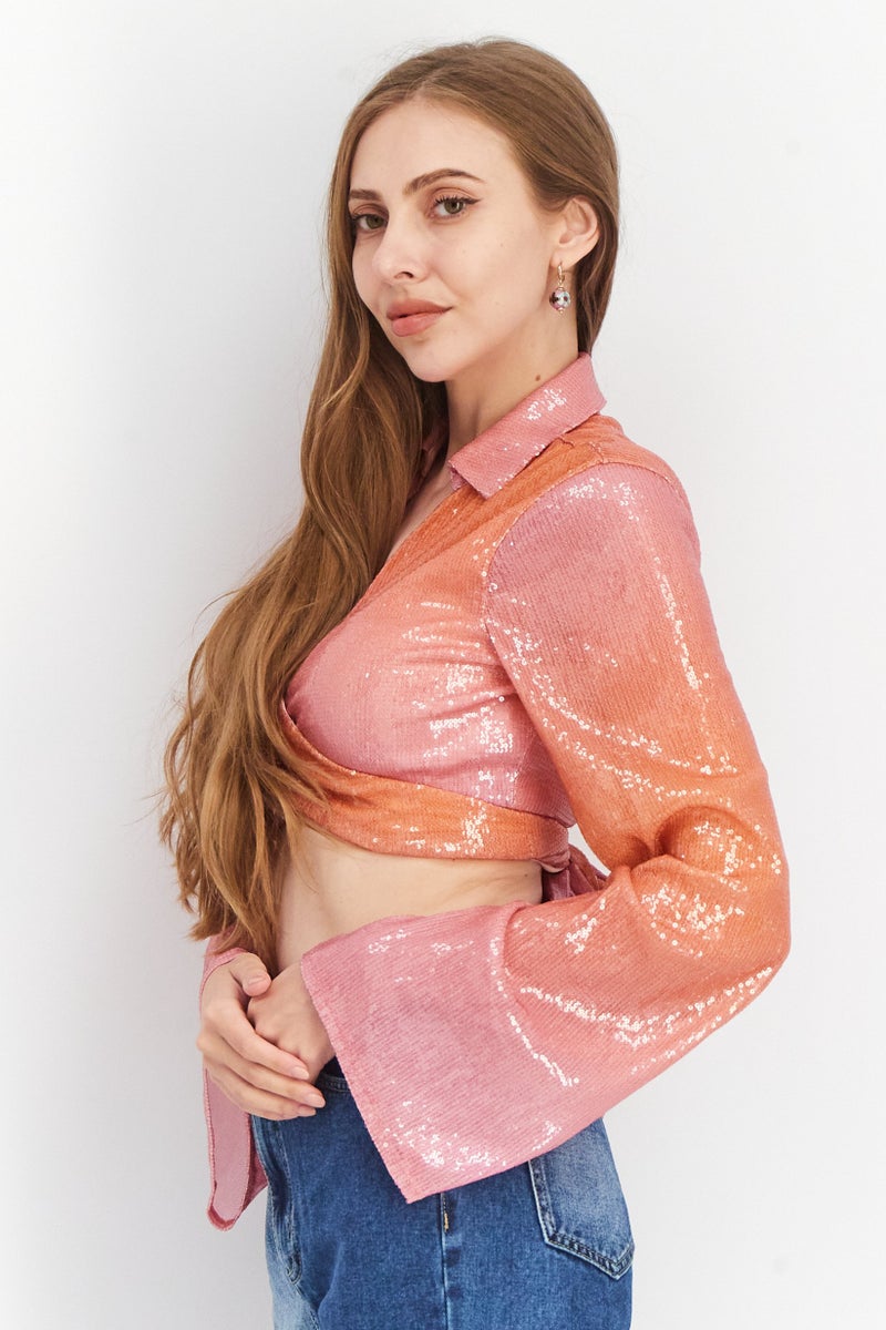 NA-KD Women Spread Collar Long Sleeve Textured Blouse Top, Pink Combo - Image 4